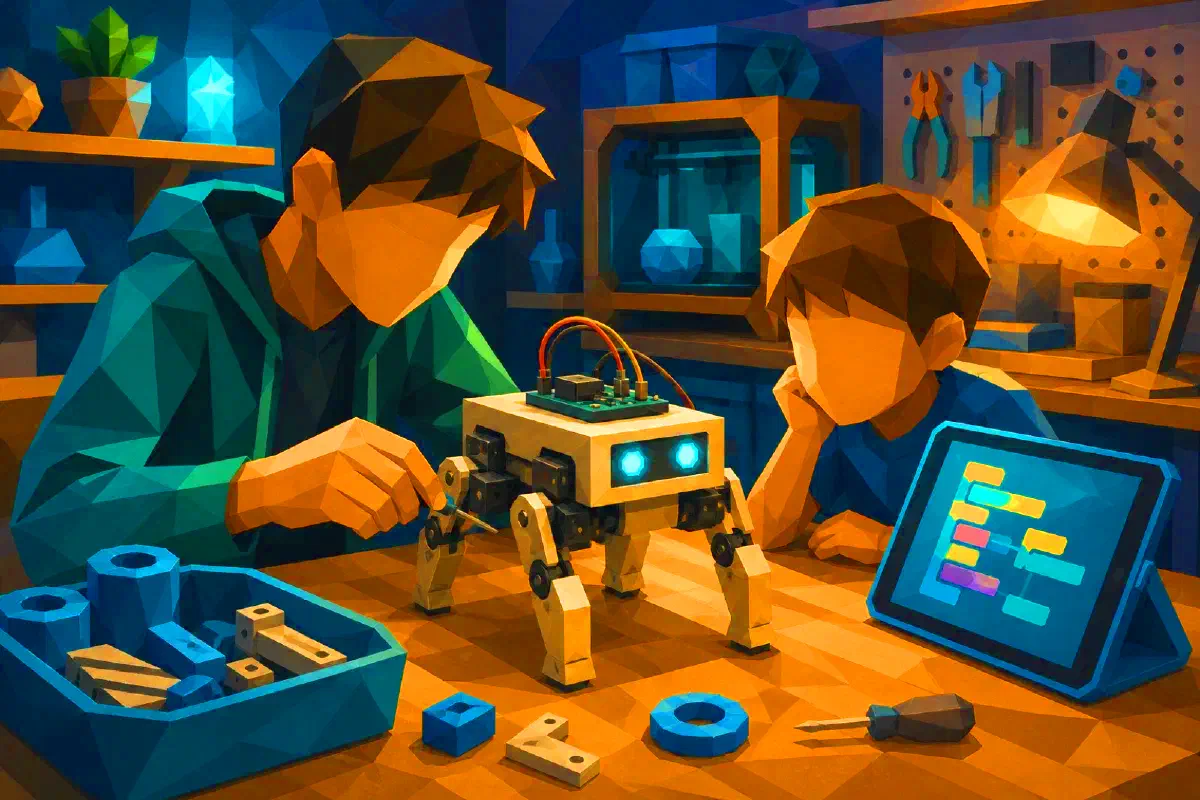 Warsztat z drukowanym robotem kroczącym, prostą elektroniką i programowaniem blokowym.