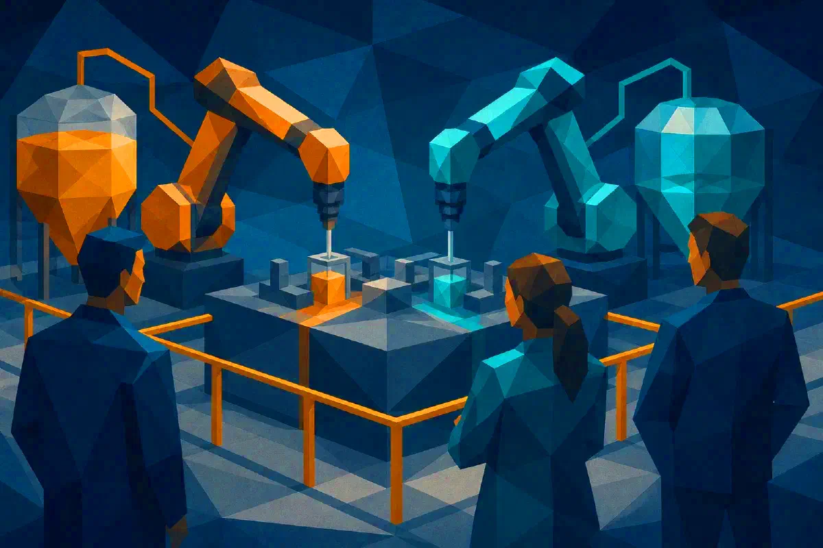 Laboratorium robotyki z dwoma ramionami i zbiornikami.