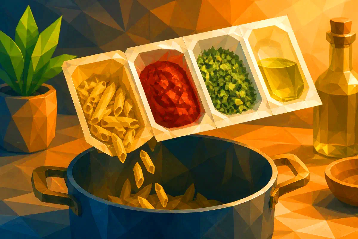 Zbliżenie komór ze składnikami przygotowanych do porcji zupy lub bolognese.